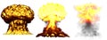 3D illustration of explosion - 3 huge highly detailed different phases mushroom cloud explosion of atom bomb with smoke and fire