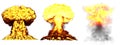 3D illustration of explosion - 3 huge very detailed different phases mushroom cloud explosion of thermonuclear bomb with smoke and