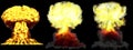 3D illustration of explosion - 3 huge very detailed different phases mushroom cloud explosion of super bomb with smoke and fire Royalty Free Stock Photo