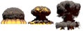 3D illustration of explosion - 3 large different phases fire mushroom cloud explosion of atom bomb with smoke and flame isolated Royalty Free Stock Photo