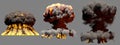 3D illustration of explosion - 3 large different phases fire mushroom cloud explosion of atom bomb with smoke and flame isolated