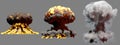 3D illustration of explosion - 3 large different phases fire mushroom cloud explosion of fusion bomb with smoke and flame isolated