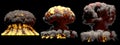 3D illustration of explosion - 3 large different phases fire mushroom cloud explosion of fusion bomb with smoke and flame isolated