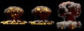 3D illustration of explosion - 3 large different phases fire mushroom cloud explosion of fusion bomb with smoke and flame isolated