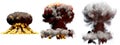 3D illustration of explosion - 3 large different phases fire mushroom cloud explosion of super bomb with smoke and flame isolated Royalty Free Stock Photo