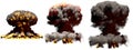 3D illustration of explosion - 3 large different phases fire mushroom cloud explosion of thermonuclear bomb with smoke and flame