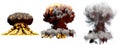 3D illustration of explosion - 3 large different phases fire mushroom cloud explosion of thermonuclear bomb with smoke and flame