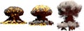 3D illustration of explosion - 3 large different phases fire mushroom cloud explosion of thermonuclear bomb with smoke and flame