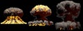 3D illustration of explosion - 3 large different phases fire mushroom cloud explosion of hydrogen bomb with smoke and flame