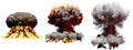 3D illustration of explosion - 3 large different phases fire mushroom cloud explosion of nuclear bomb with smoke and flame