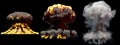 3D illustration of explosion - 3 large different phases fire mushroom cloud explosion of nuke bomb with smoke and flame isolated