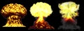 3D illustration of explosion - 3 large high detailed different phases mushroom cloud explosion of nuclear bomb with smoke and fire Royalty Free Stock Photo