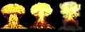 3D illustration of explosion - 3 large high detailed different phases mushroom cloud explosion of thermonuclear bomb with smoke