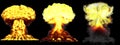 3D illustration of explosion - 3 large highly detailed different phases mushroom cloud explosion of nuke bomb with smoke and fire Royalty Free Stock Photo