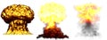 3D illustration of explosion - 3 large highly detailed different phases mushroom cloud explosion of super bomb with smoke and fire
