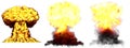 3D illustration of explosion - 3 large very detailed different phases mushroom cloud explosion of nuclear bomb with smoke and fire Royalty Free Stock Photo