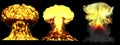 3D illustration of explosion - 3 large very detailed different phases mushroom cloud explosion of thermonuclear bomb with smoke