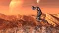 Illustration of an extraterrestrial wearing a spacesuit standing on a mountaintop slumped over in exhaustion with an alien planet