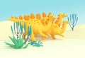 3D illustration. A family of yellow dinosaurs walking among prehistoric vegetation