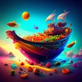 3D Illustration of a Fantasy Boat Full of Colorful Candies AI Generated