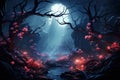 3d illustration of a fantasy dark forest with neon lights and fog AI Generated Generative AI Royalty Free Stock Photo