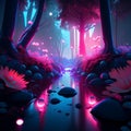 3D illustration of a fantasy dark forest with neon lights and a path leading to the forest Generative AI Royalty Free Stock Photo