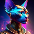 3D Illustration of a fantasy Egyptian cat in neon light. AI Generated