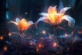 3d illustration of a fantasy flower in the dark forest with lights, Abstract fantasy space plants and glowing flowers, AI