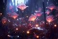 3d illustration of fantasy flowers in the dark forest with red light, Abstract fantasy space plants and glowing flowers, AI