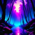 3d illustration of a fantasy forest with neon lights and a path in the middle generative AI Royalty Free Stock Photo