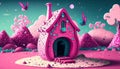 3d illustration of fantasy house with pink mushroom