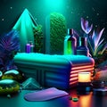 3d illustration of fantasy landscape with grass, stones, moon, flowers and other objects generative AI