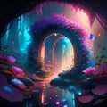 3d illustration of a fantasy portal in a dark forest. The entrance to the fantasy forest. generative AI Royalty Free Stock Photo