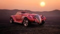 3D illustration of a fantasy red sports car on dry cracked mud ground in a desert at sunset Royalty Free Stock Photo
