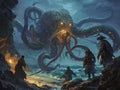 3D illustration of a fantasy scene with octopus in the sea and people on the coast