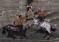 3D Illustration of fantasy showing fighting centaurs with a female observer