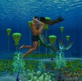 3D Illustration of fantasy showing mermaid and human lover embracing each other
