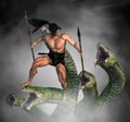 3D illustration of fantasy showing a warrior fighting a hydra monster