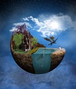 3D Illustration of fantasy and surrealism showing a planet with dinosaurs and dragon