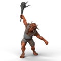 3D rendering of a fantasy Troll creature waving a large wooden club weapon isolated on a white background