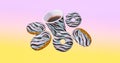 3d illustration fashion collage abstract scene..Creative predator print donuts and coffee cup. Exclusive breakfast concept.