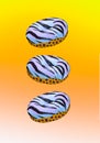 3d illustration fashion collage abstract scene..Creative predator print donuts on gradient background. Exclusive donuts breakfast