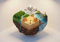 A 3D illustration features a floating, cube-shaped landmass divided into distinct biomes. One Royalty Free Stock Photo
