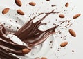 A 3d illustration featuring a dark chocolate splash and almond seeds, complete with clipping path Royalty Free Stock Photo