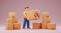 A 3D illustration featuring a stylized character holding a large cardboard box with red handles. Royalty Free Stock Photo