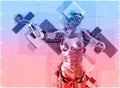 Female cyborg in collage style 3d illustration Royalty Free Stock Photo