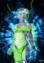Female cyborg on techno background 3d illustration Royalty Free Stock Photo