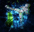 Female cyborg on techno background 3d illustration
