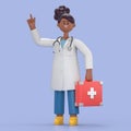 3D illustration of Female Doctor Juliet holds red case first aid kit.Medical presentation clip art isolated on blue background. Royalty Free Stock Photo
