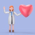 3D illustration of Female Doctor Nova with heart shape.Medical presentation clip art isolated on blue background. Royalty Free Stock Photo